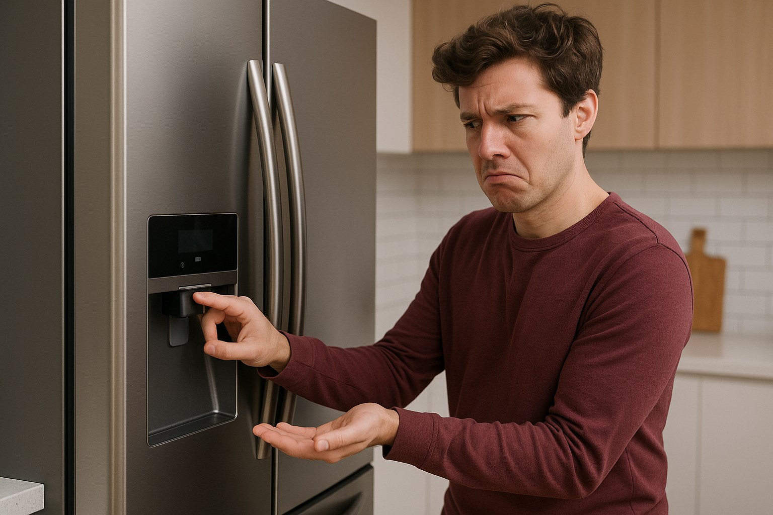 A person looking frustrated at a non-working refrigerator water dispenser