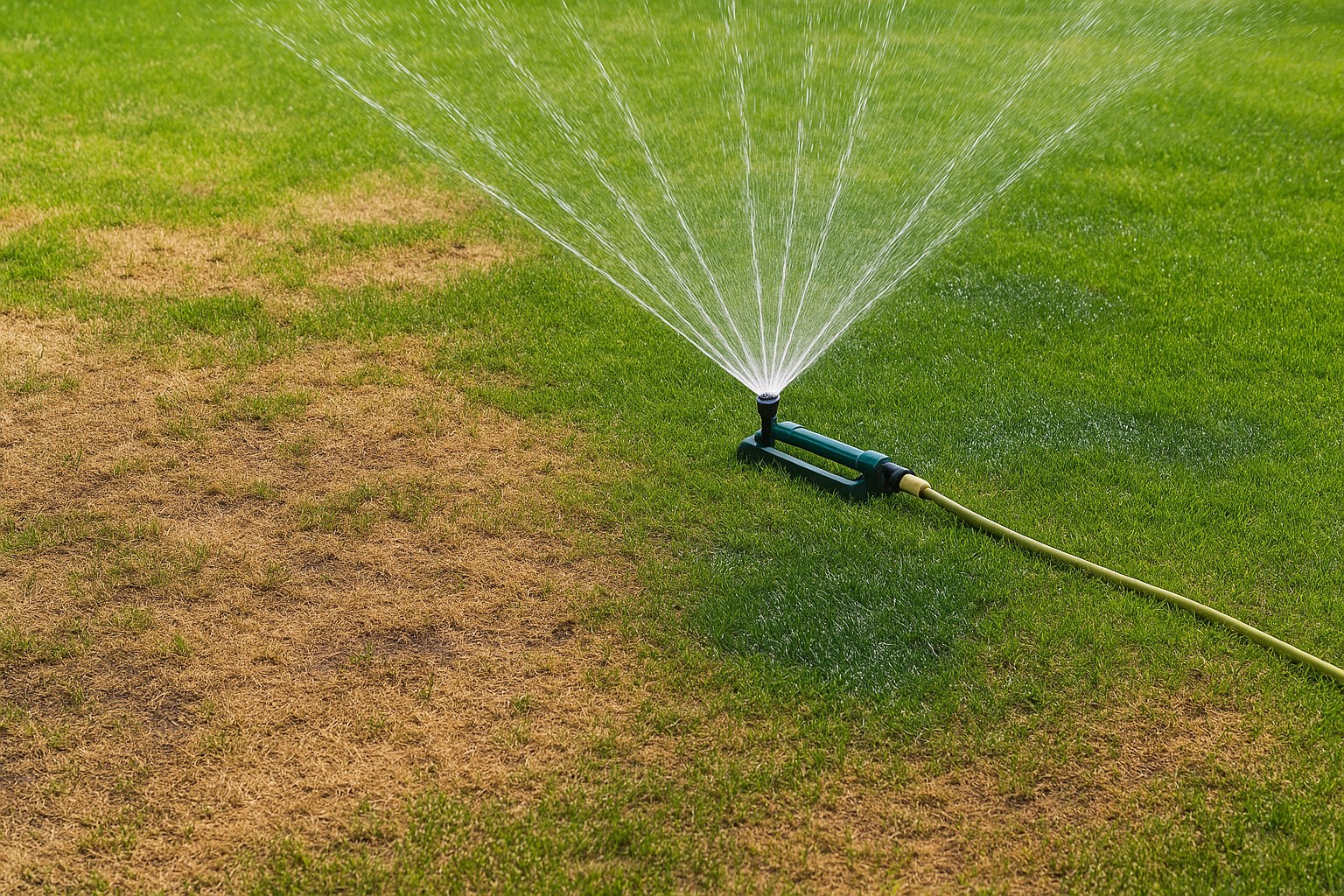 Unevenly watered lawn with dry and wet spots